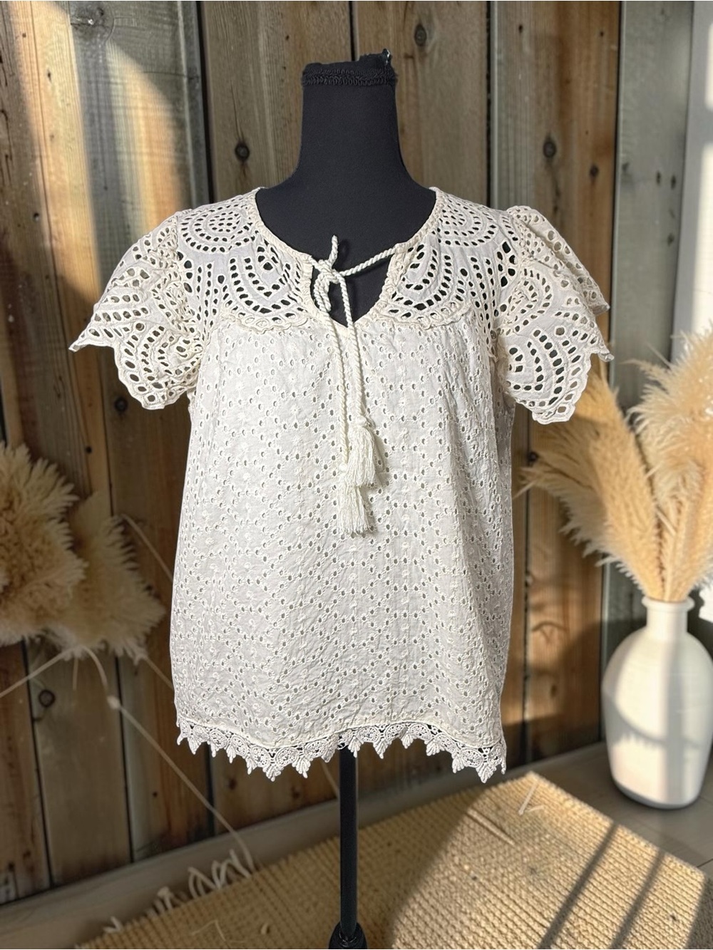 Cream Eyelet Tassel Tie Crochet Sleeve Top